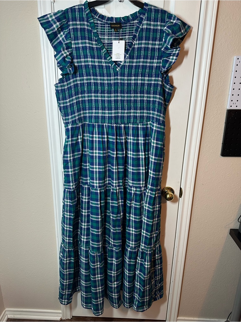 Sugar lips plus size 3X  Plaid Tiered Midi Dress - Green, Blue and White